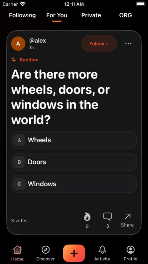 HotTakes demo Home feed asking whether there are more wheels, doors, or windows in the world.